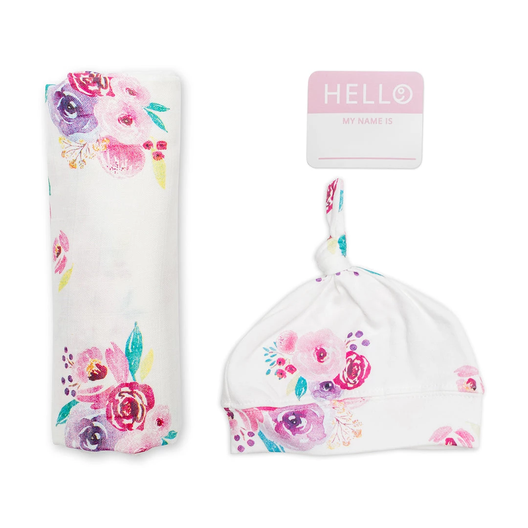 Lulujo Swaddles Hello World Baby Swaddle & Hat Set - Posies 4 Lulujo Swaddles Hello World Baby Swaddle & Hat Set - Posies