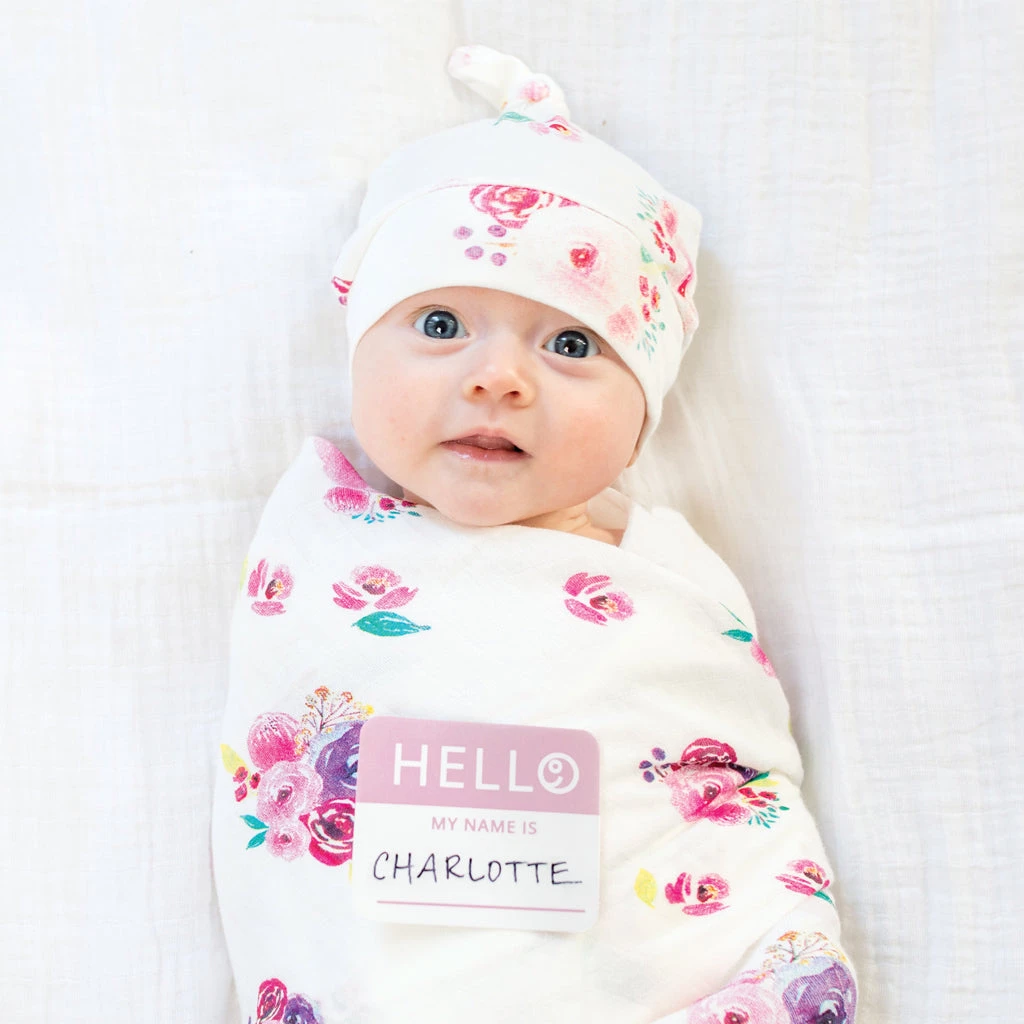 Lulujo Swaddles Hello World Baby Swaddle & Hat Set - Posies 3 Lulujo Swaddles Hello World Baby Swaddle & Hat Set - Posies