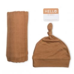 Lulujo Hello World Baby Swaddle & Hat Set - Tan