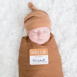 Lulujo Hello World Baby Swaddle & Hat Set - Tan