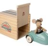 Maileg Mouse In A Race Car + Garage - Blue Maileg Mice & Bunnies