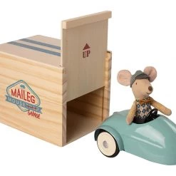 Maileg Mouse In A Race Car + Garage - Blue Maileg Mice & Bunnies