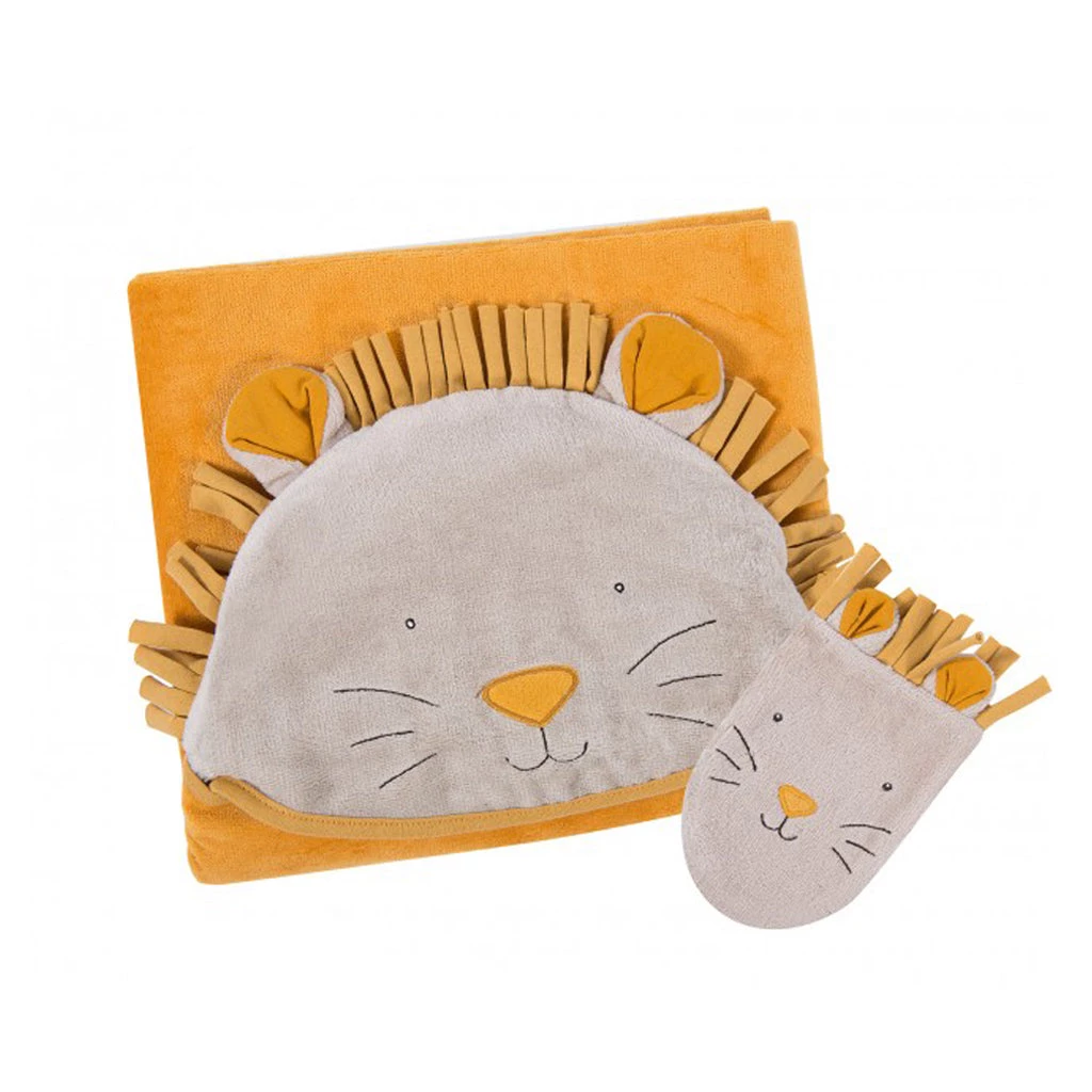 Baby Bathtime Moulin Roty Hooded Lion Baby Towel & Wash Mitt Set 3 Baby Bathtime Moulin Roty Hooded Lion Baby Towel & Wash Mitt Set